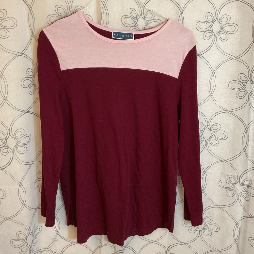 Women's Karen Scott Light Pink/Maroon Long Sleeve Top Size Large
